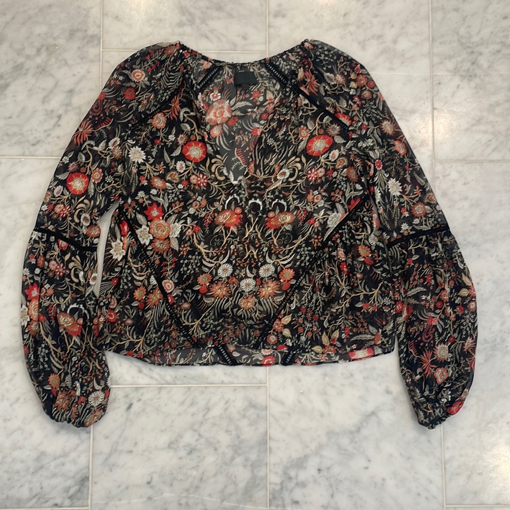 Intermix Sheer Black with Red Floral Blouse Petite